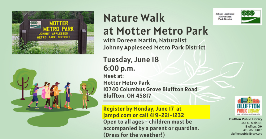 Light green background with white floral design. Photo of Motter Metro Park signage and cartoon image of people walking in nature. black text.