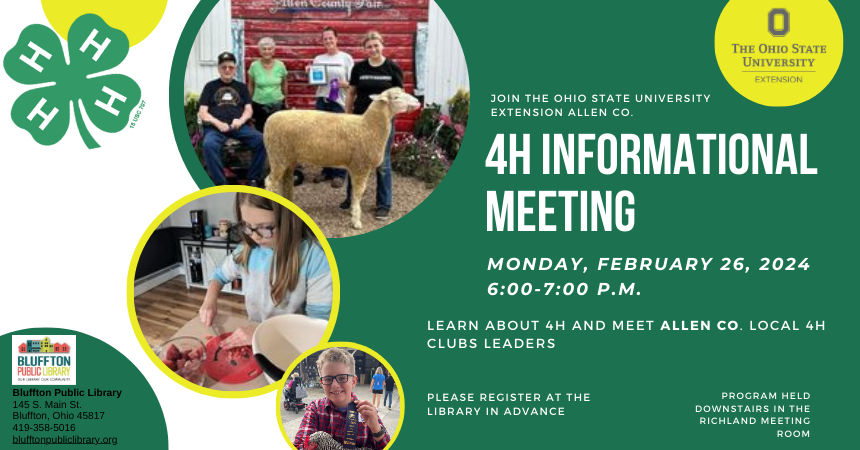 Irish green background with white. 4H green cloverleaf logo. Yellow Allen County OSU Extension Office logo. Photos of kids with sheep,  chickens, and cooking.