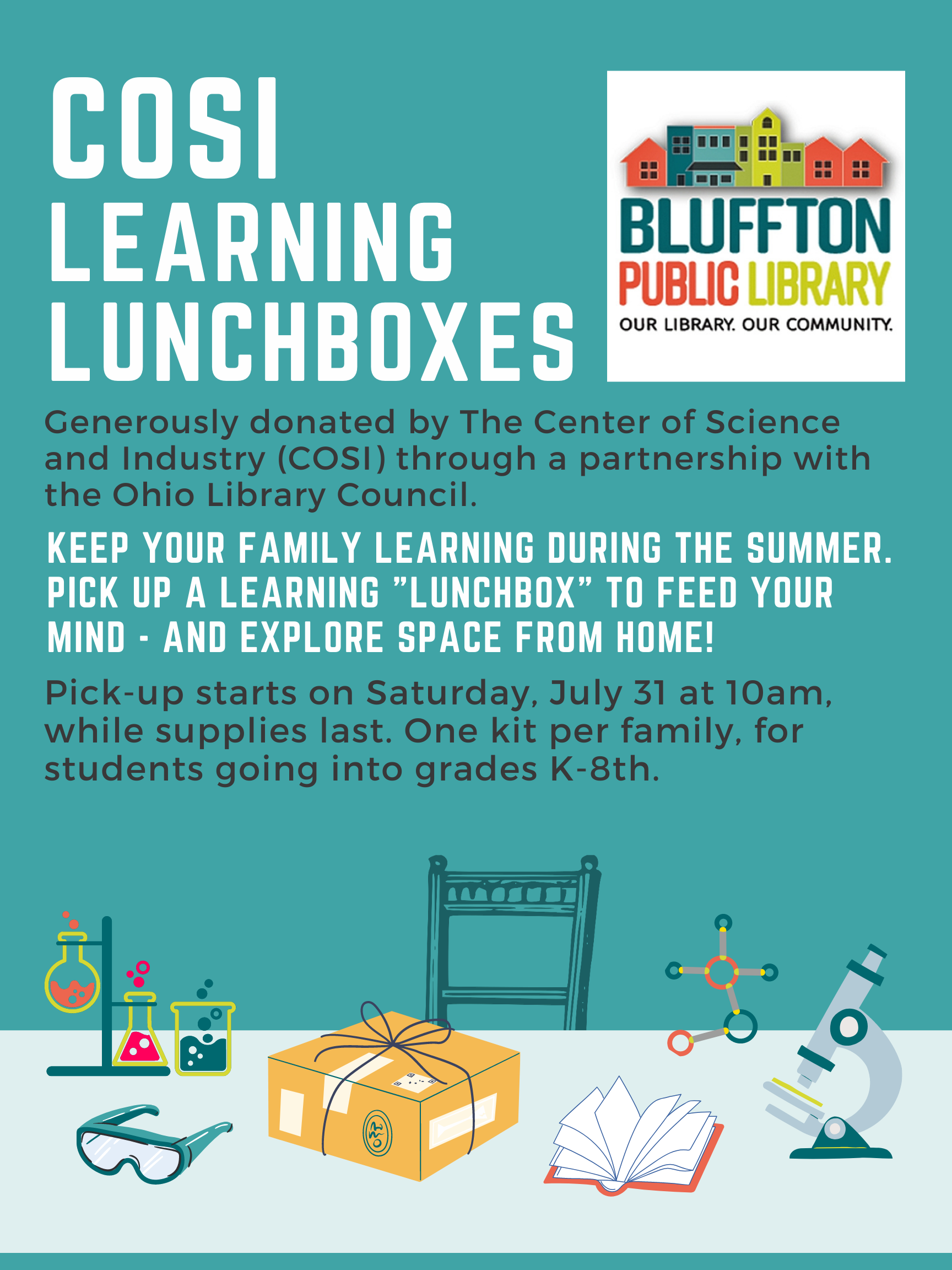 COSI Learning Lunchboxes flyer with a table graphic with a large yellow box and science related accessories