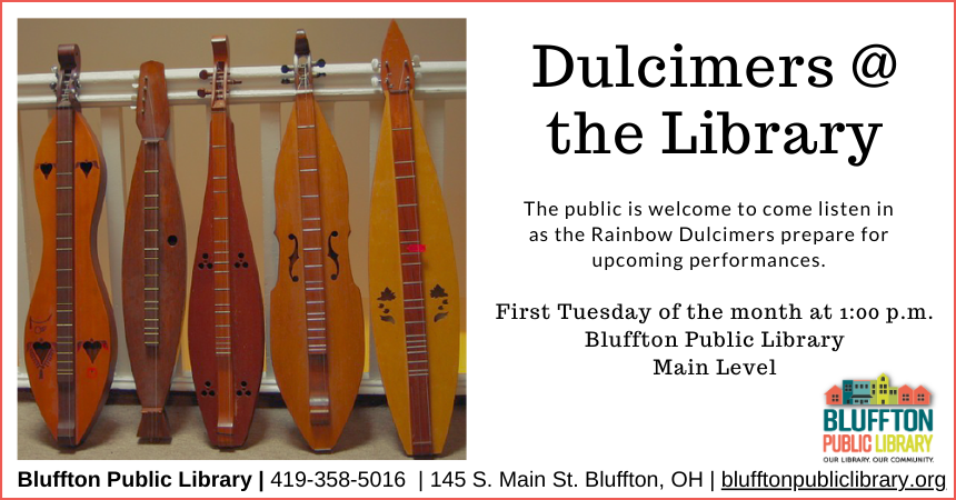 Photo of a row of wooden dulcimers in varied wood tones lined up against a tan wall. Black text. Library logo.