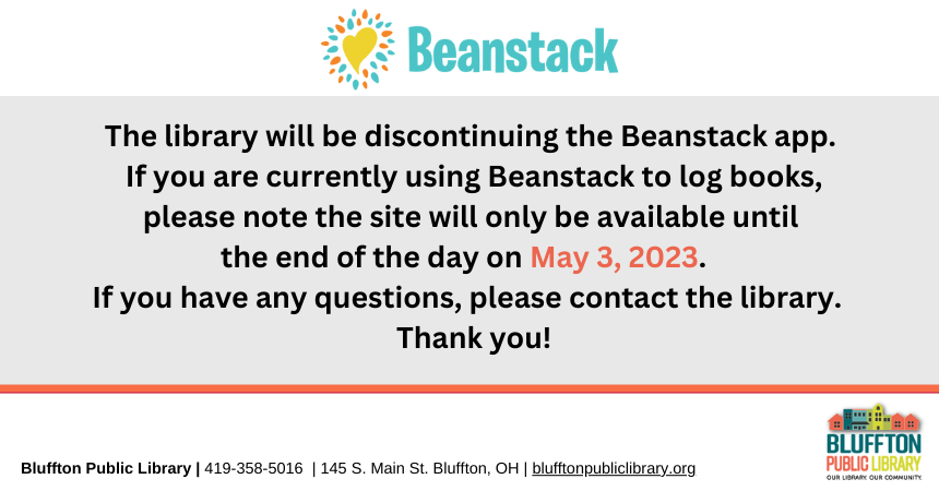 White background, red and black print. Beanstack and library logo. Notice of discontinuation of Beanstack App on May 3, 2023.