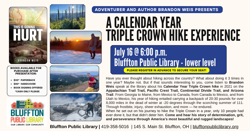 Book cover showing a photo of a man lying down on a mountain with sunset on the horizon; mountain photos with hiker in foreground, some with green trees and mountains and some with snow. Blue box with text. black text, library logo.