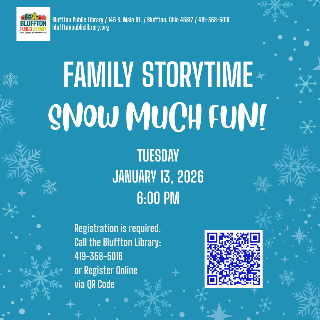 Family Storytimes (R) Join us the second Tuesday of each month, January - April, at 6:00 p.m. for a fun evening of stories and activities in the children's activity room. Families with children of any age are welcome. We will be meeting Jan. 13 ("Snow Much Fun!"), Feb. 10 ("Hugs and Kisses"), Mar. 10 ("Shamrock Shenanigans"), Apr. 14 ("Wiggly Worms").  Register in person or online.
