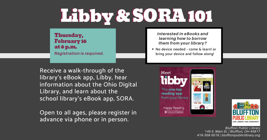 Slate gray background. Aqua and white text boxes. Libby logo paired with a tablet or phone. Library logo and white and purple text.