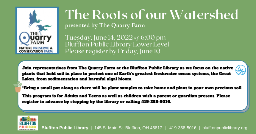 Green background with Quarry Farm logo with birds and library logo and description of program.