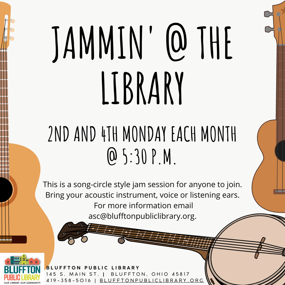 White background, images of banjo, ukulele, and guitar, and library logo