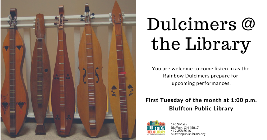 Dulcimers in various shades of brown wood lined up against a tan wall. Text in a white square to the right.