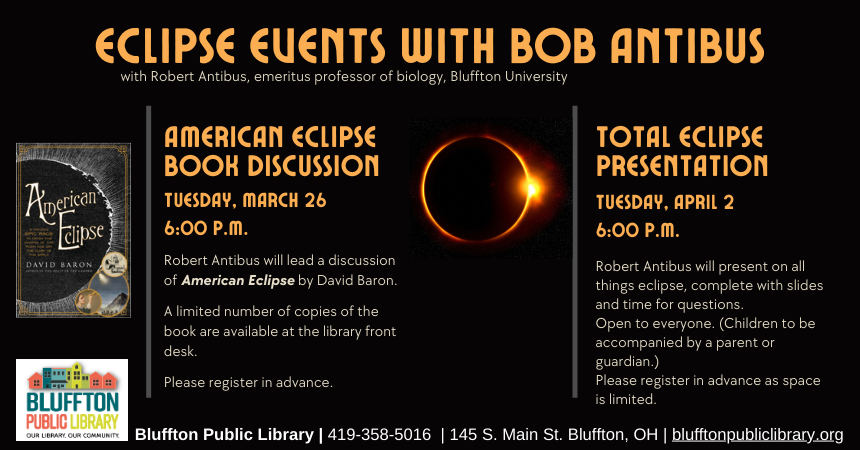 Black background. Yellow orange text. Image of American Eclipse book cover and photo of an eclipse. Library logo.