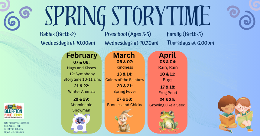 Background of ombre from turquoise to green to yellow. Image of two children reading. Color blocks with themes listed. Green text. Library logo.