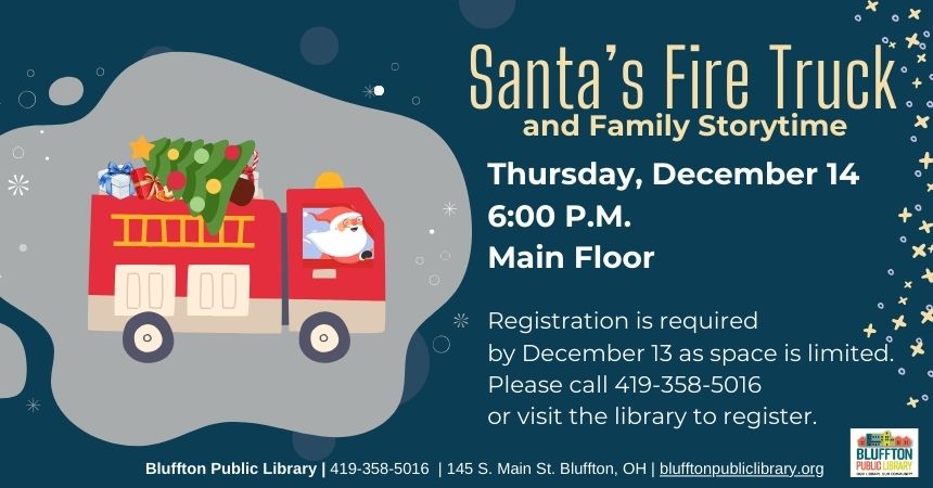 Dark blue background, gray blob, red fire truck illustration with Santa and a Christmas tree. Text and library logo.