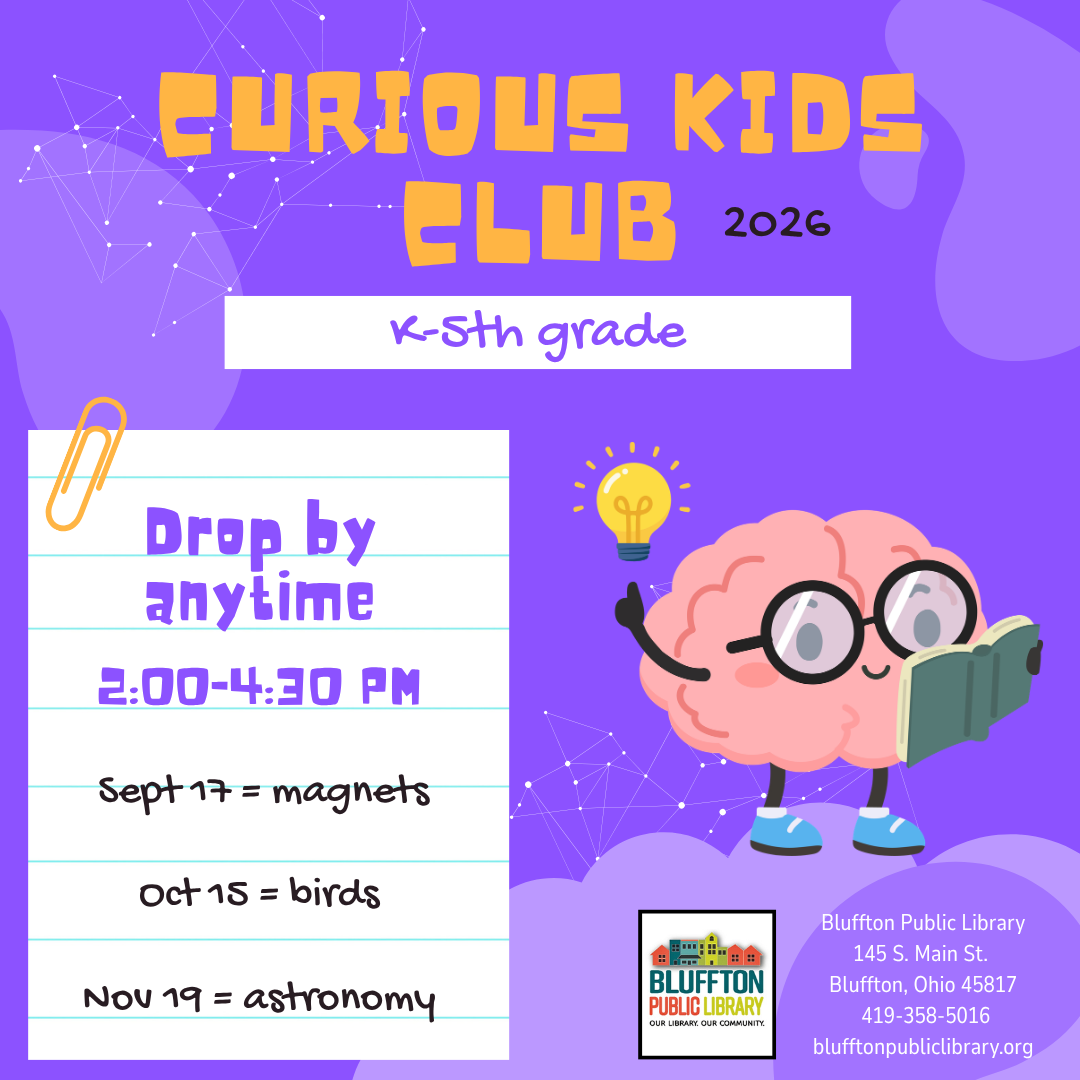 Curious Kids Club: Kids in grades K-5 are invited to stop by after school this fall to explore a variety of fun activities based upon a different theme each month. Activities will include STEM challenges, science experiments, and/or crafts. Stop by the library anytime between 2:00-4:30 p.m. on the following Thursdays: Sept. 17, Oct. 15, and Nov 19. September's theme: Magnets.