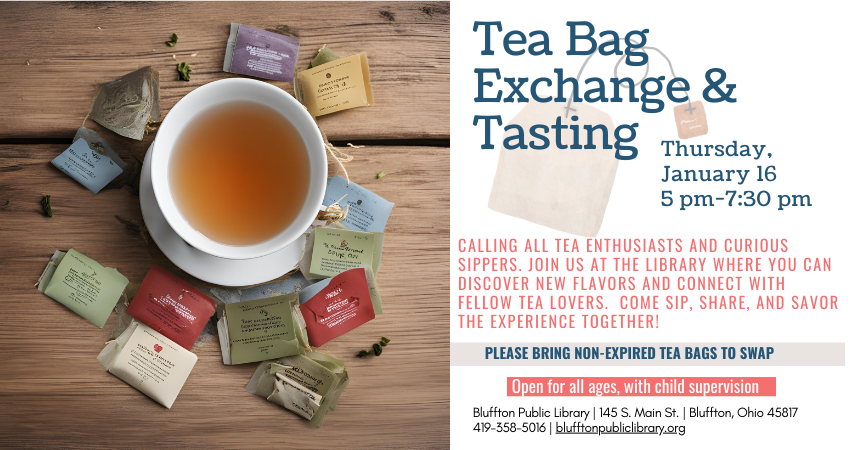 Tea Bag Exchange & Tasting is returning Thu., Jan. 16 from 5-7:30 p.m. Calling all tea enthusiasts and curious sippers. Join us on the Main Floor in a cozy atmosphere where you can discover new flavors and connect with fellow tea enthusiasts. Bring in non-expired tea bags to swap. Come sip, share, and savor the experience together!   Open to adults and teens, and children with an accompanying adult.