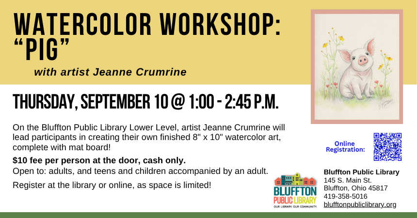 Watercolor Workshop: Seascape (R)($) will be held Thu., August 20 from 1:00 p.m. - 2:45 p.m.   Local artist Jeanne Crumrine will teach on the lower level of the library. Walk away with your own watercolor art, complete with mat! There is a $10 supply fee at the door (cash only please). Register in person or online .   Open to adults, and teens and children with an accompanying adult.  *Registration for the next month opens the Friday following each month's Watercolor Workshop.