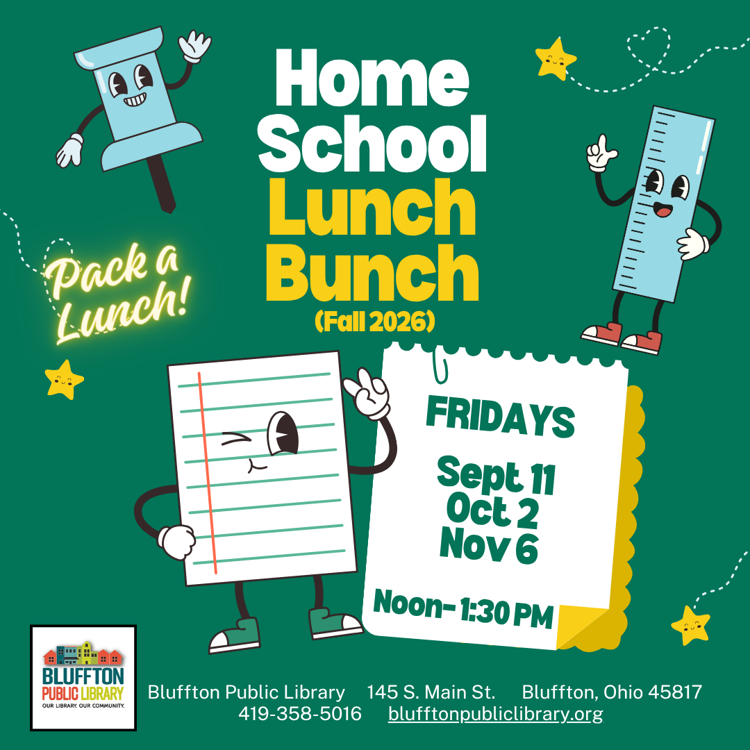 Homeschool Lunch Bunch: Pack a lunch and meet up with other homeschool families for informal social time and a fun story, activity, game, and/or craft. This fall, we will focus on American History to tie in with the America 250 celebrations. Meet downstairs at Noon in the large activity room on the following Fridays: Sept. 11, Oct. 2, and Nov. 6. No registration required.