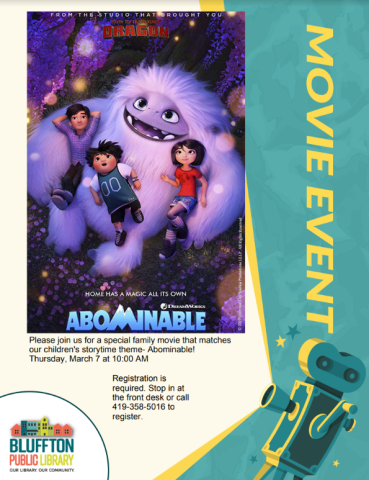 Movie image of white abominable snowman hanging out with children. Teal coloring on slide with rendering of movie projector. Black text.