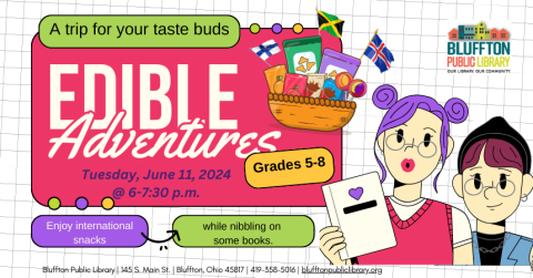 Two cartoon kids trying snacks with international flags. Pink, purple, and green blocks. Text.