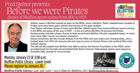 Red banner across top of flyer, with title and library logo. Image of Fred Steiner, along with his blog logo and a black and white photo of girls dressed in vintage basketball uniforms.