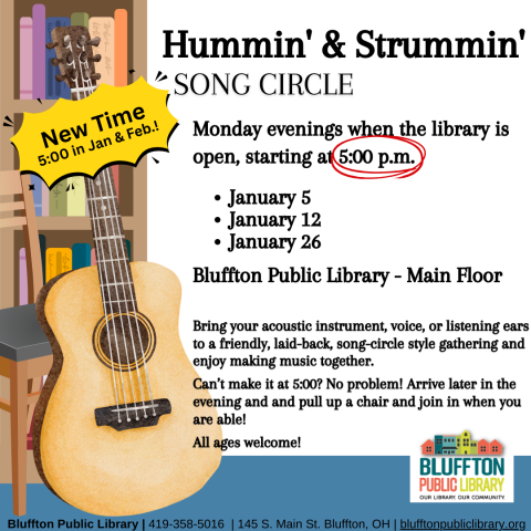 Hummin' & Strummin' Song Circle will be held at a new time of 5:00 p.m. November through February.  Can’t make it at 5:00? Feel free to come anytime that works for your schedule and pull up a chair!  This is a relaxed, song-circle style music session and anyone is welcome to join or listen in. Bring your acoustic instrument, voice, or listening ears!