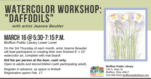 Mint Green banner across top of page, watercolor painting of daffodils in green, yellow, orange, and white. Black text. 