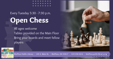 Open Chess on Tuesdays! The library has an area designated on the Main Floor for open chess from 5:30-7:30 p.m every Tuesday the library is open. Bring your own board or use one of the library’s! All ages are welcome!