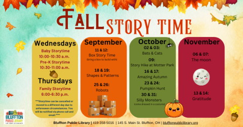 Fall Storytimes (R) begin Sept. 11 and 12! Baby, Pre-K, and Family Storytimes are available and registration is required. Join us for a time of stories, games, crafts, and lots of fun while developing early literacy skills! Baby Storytime is open to ages birth-2, Pre-K Storytime is open to ages 3-5 and Family Storytime is open to ages birth-5. When registering, please specify if your child has any food allergies, as snacks are often provided. Register online, call the library, or stop by!   Baby Storytime: 