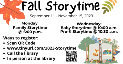 White background with orange maple leaf on upper left corner, other fall leaf in yellow and green on upper right corner and drawing of children reading books under and around trees, leaves, and a ladder in front of a giant open book. Black text explaining Storytime and days/times.