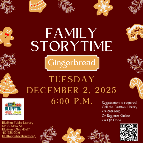 Family Storytime: Gingerbread (R) will be held Tue., Dec 2 @ 6:00 p.m. Families with children of all ages are welcome to join us for an evening of stories, songs, and crafts to celebrate the holiday season.  Register in person or online.