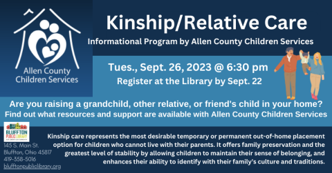 Dark blue background with lighter blue band across middle of the flyer. Artwork of a family walking together. Logo for ACCS consisting of a white sketch of a house with the inside having an artistic rendering of a family