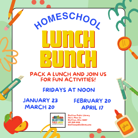 Homeschool Lunch Bunch: Pack a lunch and meet up with other homeschool families for informal social time and a fun story, activity, game, and/or craft. Meet downstairs in the large activity room at noon on the following Fridays: Jan. 23, Feb. 20, Mar. 20, and Apr. 17. No registration required.
