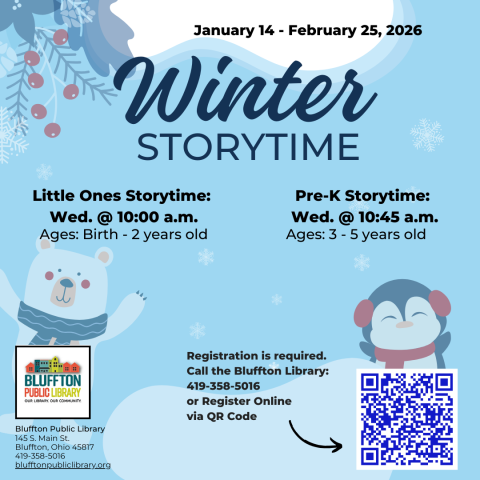 Winter Storytimes (R) January 14 through February 25!  Join Miss Beth for a time of stories, games, crafts, and lots of fun while developing early literacy skills! Little Ones Storytime is open to ages birth-2 and Pre-K Storytime is open to ages 3-5. When registering, please specify if your child has any food allergies, as snacks are often provided. Register in person or online.  Little Ones Storytime: Wednesday mornings at 10:00 a.m. (Birth-under 3 year olds) Pre-K Storytime: Wednesday mornings at 10:45 a.