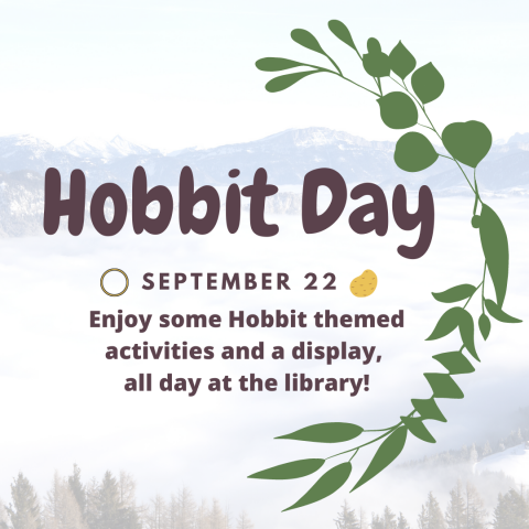 Flyer with mountain scene, ring, potato and greenery depicting Hobbit Day celebrations.