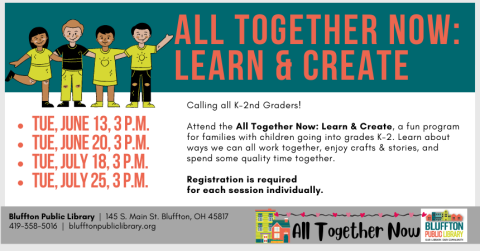 White background with dark teal and gray color blocks on top and bottom, respectively. Cartoon image of a group of children looking excited about learning. Orange and black text, library logo.