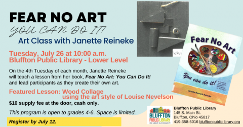 Text on aqua colored background with book cover portraying art supplies