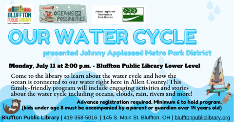White flyer with layers of blue waves, library logo, summer read logo with children riding a sea creature, and Johnny Appleseed Metro Park District logo with green trees.