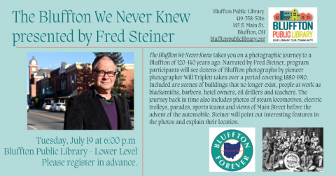 Teal background, photo of Fred Steiner, black and white photo of men with musical instruments