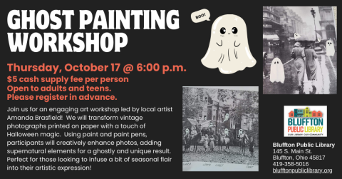 Ghost Painting Workshop(R)($) with local artist Amanda Brasfield: Join us on Thu., Oct. 17 at 6 p.m. for an engaging art workshop where we’ll transform vintage photographs printed on paper with a touch of Halloween magic. Using paint and paint pens, participants will creatively enhance photos, adding supernatural elements for a ghostly and unique result. Perfect for those looking to infuse a bit of seasonal flair into their artistic expression.  There is a $5 supply fee at the door (cash only please), and a