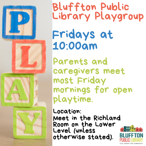 Stack of children's wooden alphabet blocks spelling out the word "Play". Text in orange, blue, green and black. Library logo.