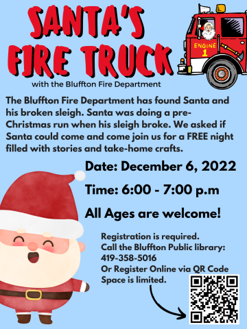 Blue background with cartoon red and white Santa in bottom left corner and cartoon red fire truck in upper right corner. Text.