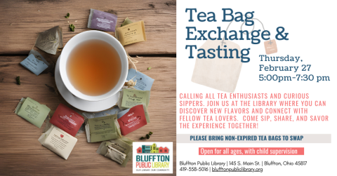 Tea Bag Exchange & Tasting is returning Thu., Feb. 27 from 5-7:30 p.m. Calling all tea enthusiasts and curious sippers. Join us on the Main Floor in a cozy atmosphere where you can discover new flavors and connect with fellow tea enthusiasts. Bring in non-expired tea bags to swap. Come sip, share, and savor the experience together!   Open to adults and teens, and children with an accompanying adult.