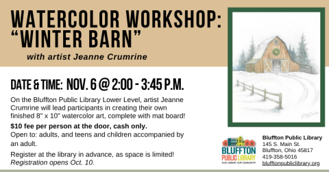 Watercolor image of a brown barn on a field of white snow. There is a green wreath above the barn door, and evergreen trees on either side of the barn.