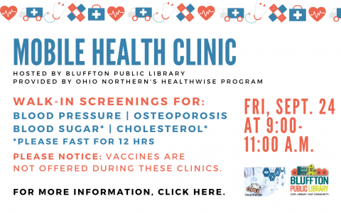 Mobile Health Clinic notice that it will be at the library Friday, September 14 from 9 to 11 a.m.