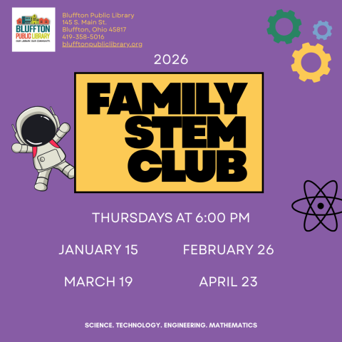 Family STEM: Do you have a budding engineer in your family? If so, join us for exciting STEM engineering challenges one Thursday evening each month at 6:00 p.m. from January - April. As a family unit, design, test, and modify your own creations. Meet downstairs in the large activity room. Mark your calendars for Jan. 15 ("Snowball Launchers"), Feb. 26 ("Olympic Downhill Skier"), Mar. 19 ("Paper Airplanes"), and Apr. 23 (TBA).