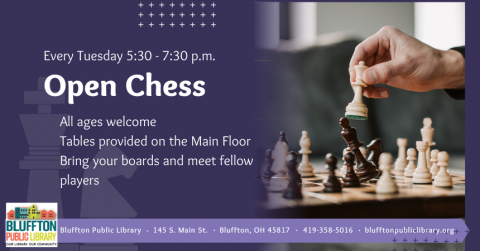 Dark purple background with light purple text. Library logo, and a photo of a chess board with a hand making a move with a chess piece. 