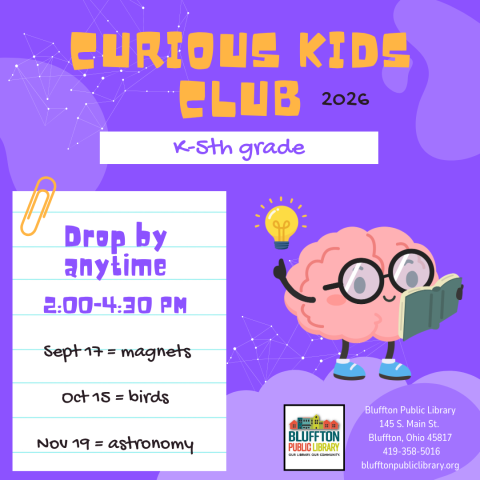 Curious Kids Club: Kids in grades K-5 are invited to stop by after school this fall to explore a variety of fun activities based upon a different theme each month. Activities will include STEM challenges, science experiments, and/or crafts. Stop by the library anytime between 2:00-4:30 p.m. on the following Thursdays: Sept. 17, Oct. 15, and Nov 19. September's theme: Magnets.