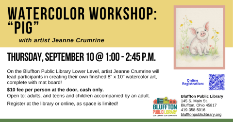 Watercolor Workshop: Seascape (R)($) will be held Thu., August 20 from 1:00 p.m. - 2:45 p.m.   Local artist Jeanne Crumrine will teach on the lower level of the library. Walk away with your own watercolor art, complete with mat! There is a $10 supply fee at the door (cash only please). Register in person or online .   Open to adults, and teens and children with an accompanying adult.  *Registration for the next month opens the Friday following each month's Watercolor Workshop.