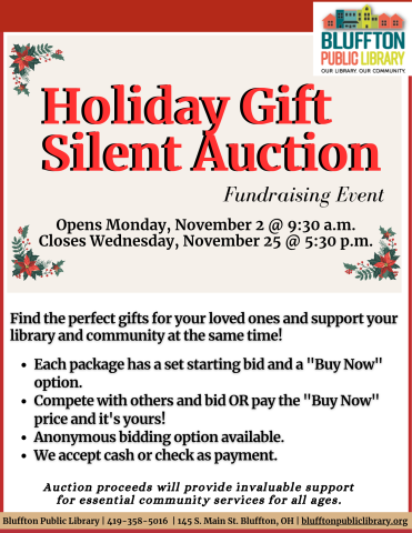 Last day of Holiday Gift Silent Auction Fundraiser!  Be sure to stop in and place your final bids before we close at 5:30 p.m.!
