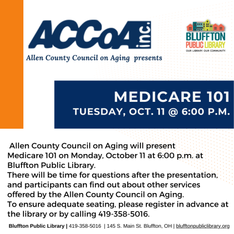White flyer with dark blue rectangle and orange rectangle, blue ACCoA text and Bluffton Public Library logo with text.