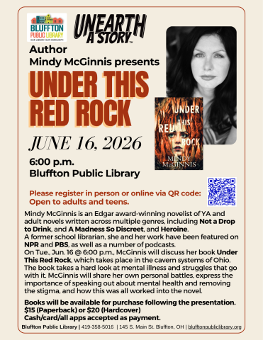 Author Mindy McGinnis presents Under This Red Rock - Tue., June 16 @ 6:00 p.m.   Open to Adults & Teens. Register online or in person.   Mindy McGinnis is an Edgar award-winning novelist of YA and adult novels written across multiple genres, including Not a Drop to Drink, A Madness So Discreet, and Heroine.  A former school librarian, she and her work have been featured on NPR and PBS, as well as a number of podcasts.  On Tue., Jun. 16 @ 6:00 p.m., McGinnis will discuss her book Under This Red Rock, which t